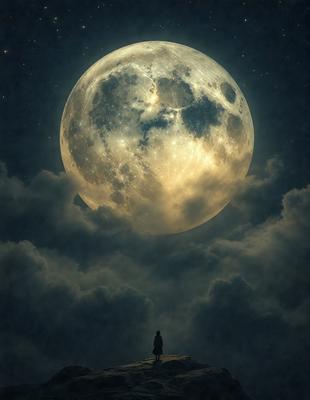 Primary subject: A person standing under a full moon.

Setting/background: The person is standing on a hill, with a cloudy sky in the background.

Visual style: The image is a digital art or illustration.

Colors and mood: The image has a dark and moody atmosphere, with the full moon as the main source of light.